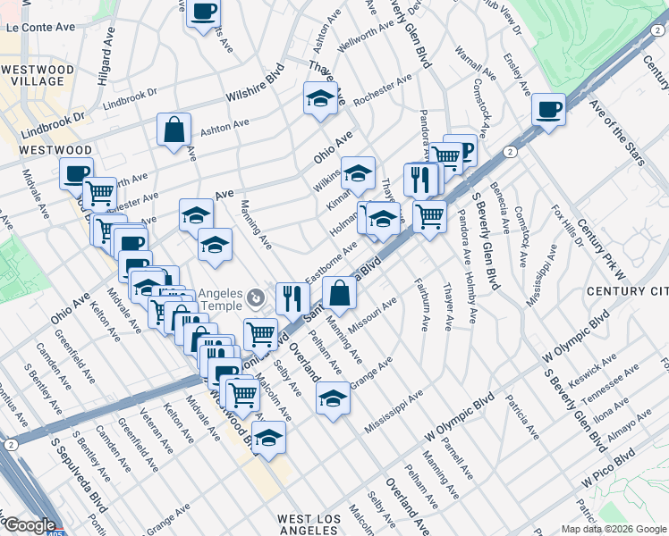 map of restaurants, bars, coffee shops, grocery stores, and more near 10617 Eastborne Avenue in Los Angeles