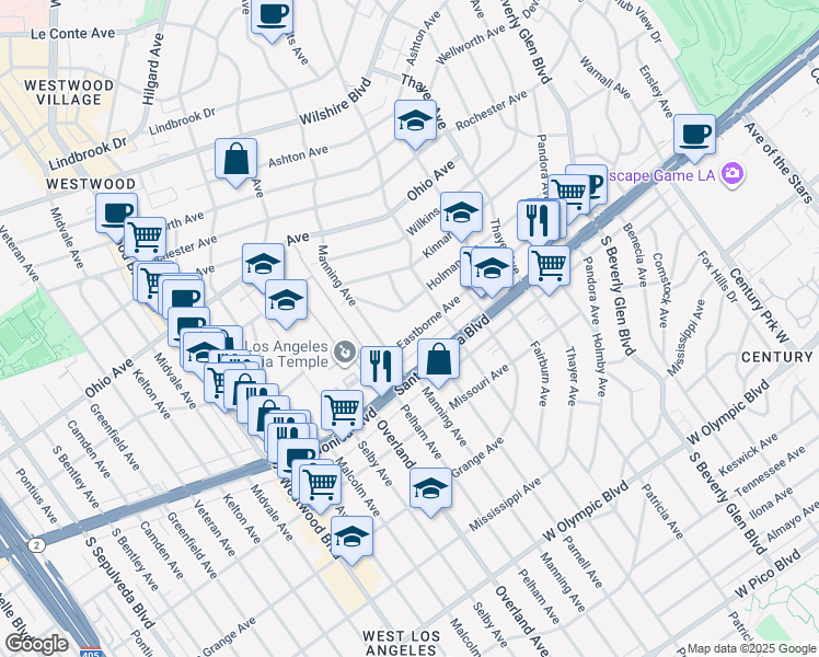 map of restaurants, bars, coffee shops, grocery stores, and more near 10617 Eastborne Avenue in Los Angeles