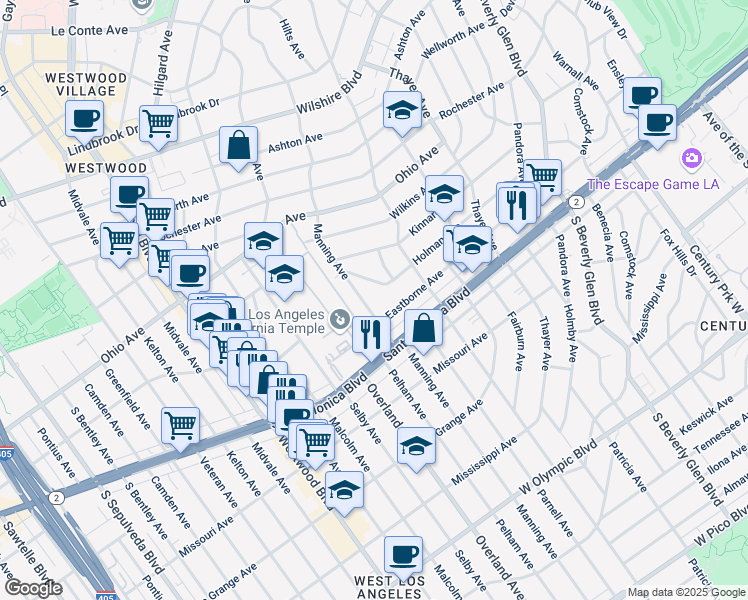 map of restaurants, bars, coffee shops, grocery stores, and more near 10660 Holman Avenue in Los Angeles