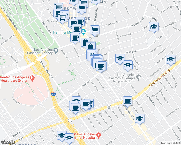 map of restaurants, bars, coffee shops, grocery stores, and more near 1409 Midvale Avenue in Los Angeles