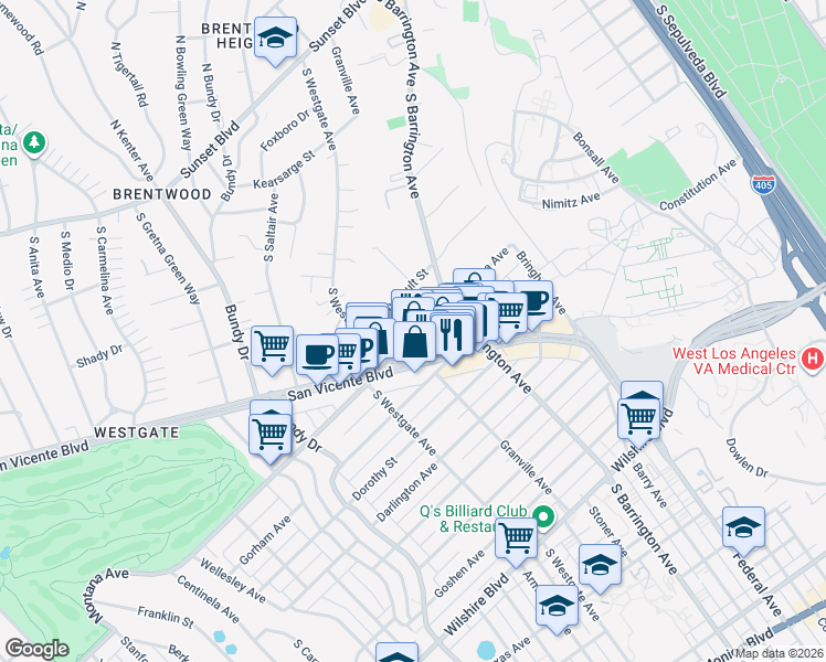 map of restaurants, bars, coffee shops, grocery stores, and more near 11733 Montana Avenue in Los Angeles