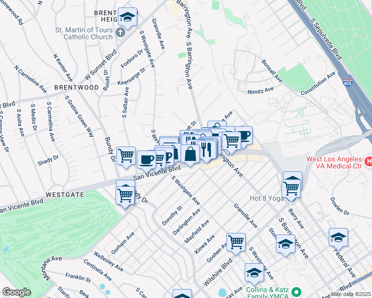 map of restaurants, bars, coffee shops, grocery stores, and more near 11733 Montana Avenue in Los Angeles
