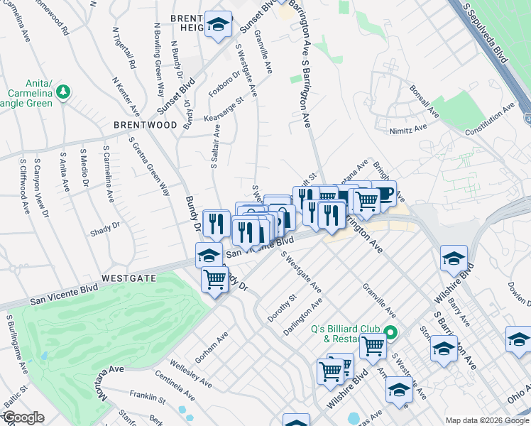 map of restaurants, bars, coffee shops, grocery stores, and more near 521 South Westgate Avenue in Los Angeles