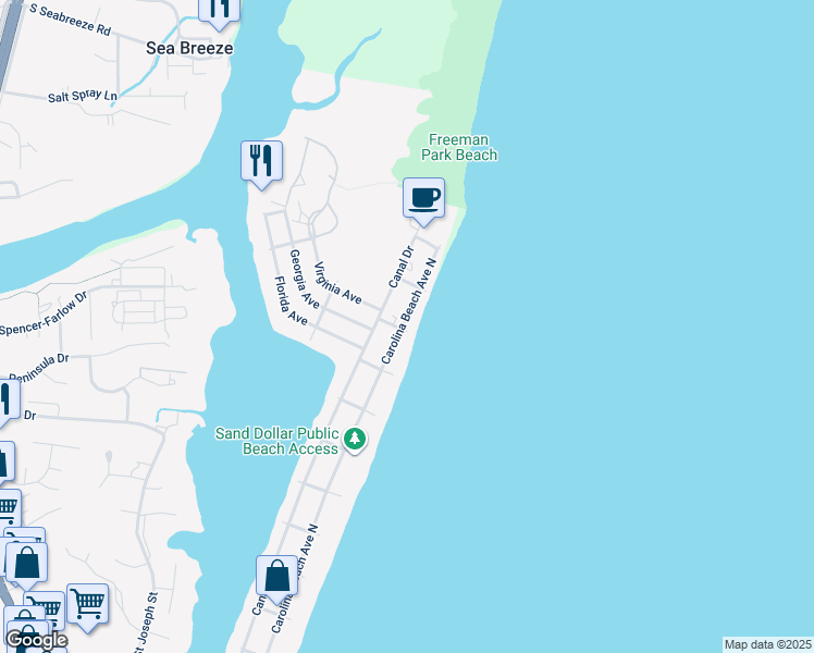 map of restaurants, bars, coffee shops, grocery stores, and more near 1607 Carolina Beach Avenue North in Carolina Beach