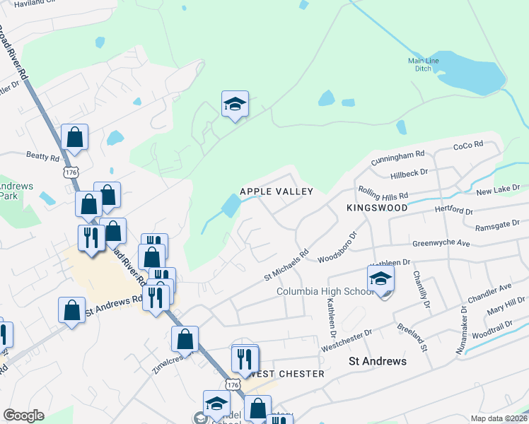 map of restaurants, bars, coffee shops, grocery stores, and more near 2009 Apple Valley Road in Columbia