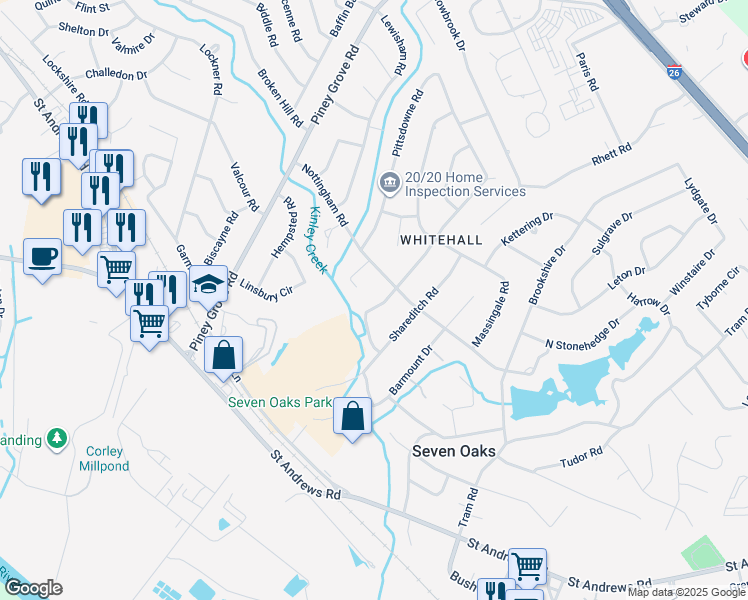 map of restaurants, bars, coffee shops, grocery stores, and more near 114 Nottingham Court in Columbia