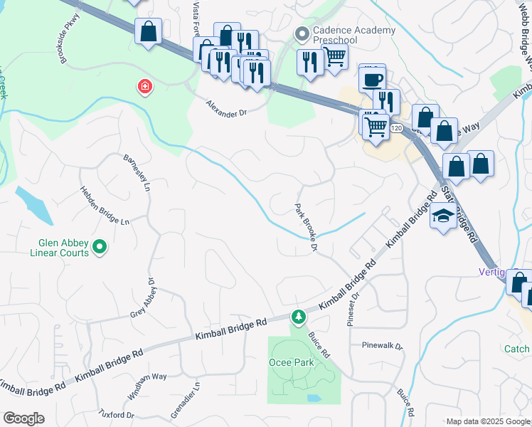 map of restaurants, bars, coffee shops, grocery stores, and more near 433 Park Creek Way in Alpharetta