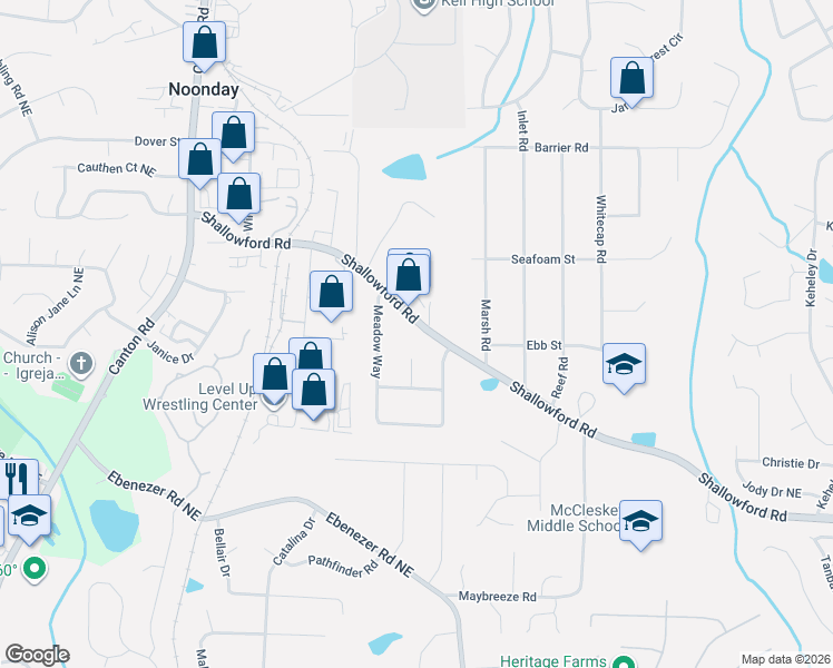map of restaurants, bars, coffee shops, grocery stores, and more near 1280 Shallowford Road in Marietta