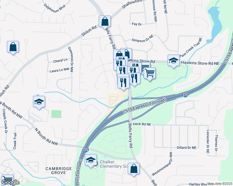map of restaurants, bars, coffee shops, grocery stores, and more near 402 Bottesford Drive Northwest in Kennesaw