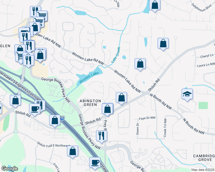 map of restaurants, bars, coffee shops, grocery stores, and more near 4217 Abington Walk Northwest in Kennesaw