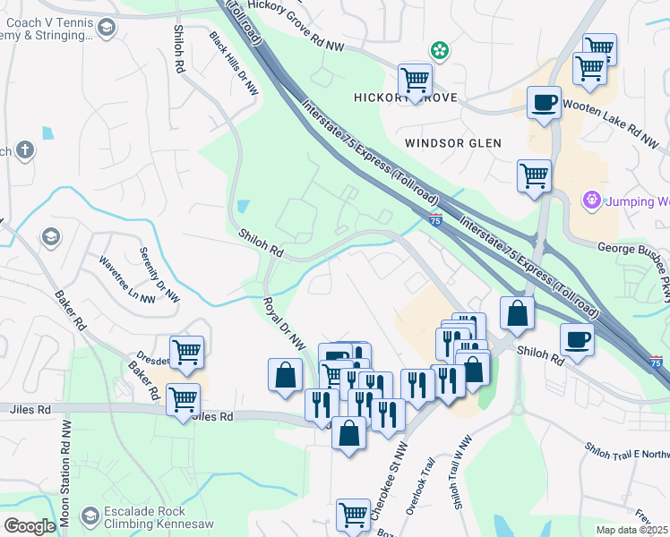 map of restaurants, bars, coffee shops, grocery stores, and more near 4210 Royal Regency Circle in Kennesaw