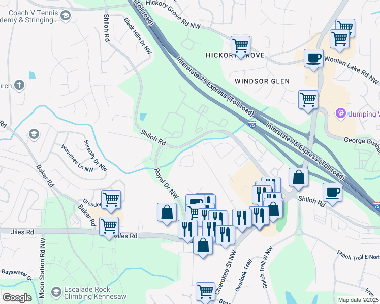 map of restaurants, bars, coffee shops, grocery stores, and more near 4205 Royal Regency Circle in Kennesaw