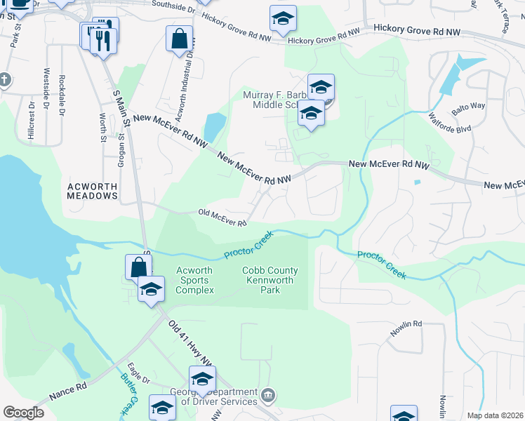 map of restaurants, bars, coffee shops, grocery stores, and more near 3610 High Battery Bluff in Acworth