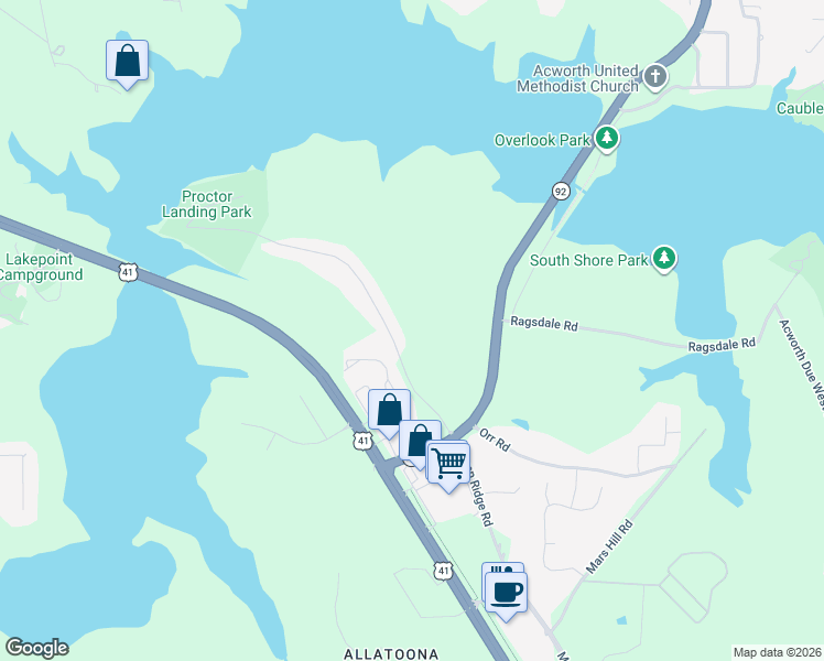 map of restaurants, bars, coffee shops, grocery stores, and more near 5160-5164 Proctor Landing Northwest in Acworth