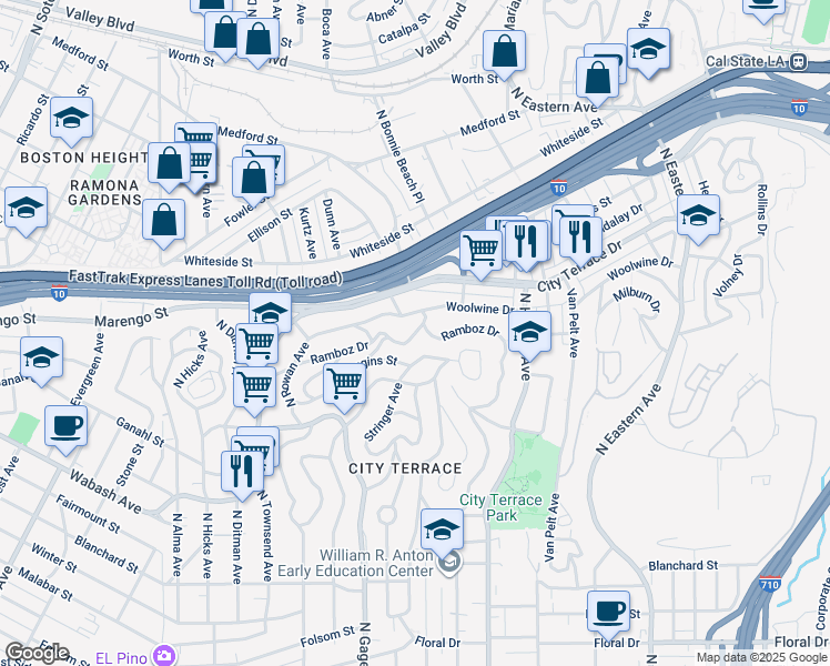 map of restaurants, bars, coffee shops, grocery stores, and more near Ramboz Drive in Los Angeles