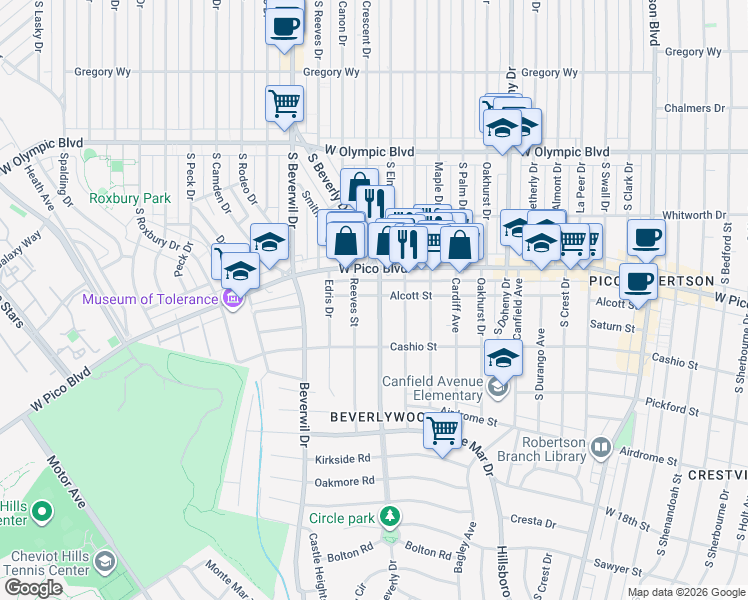 map of restaurants, bars, coffee shops, grocery stores, and more near 1418 South Beverly Drive in Los Angeles