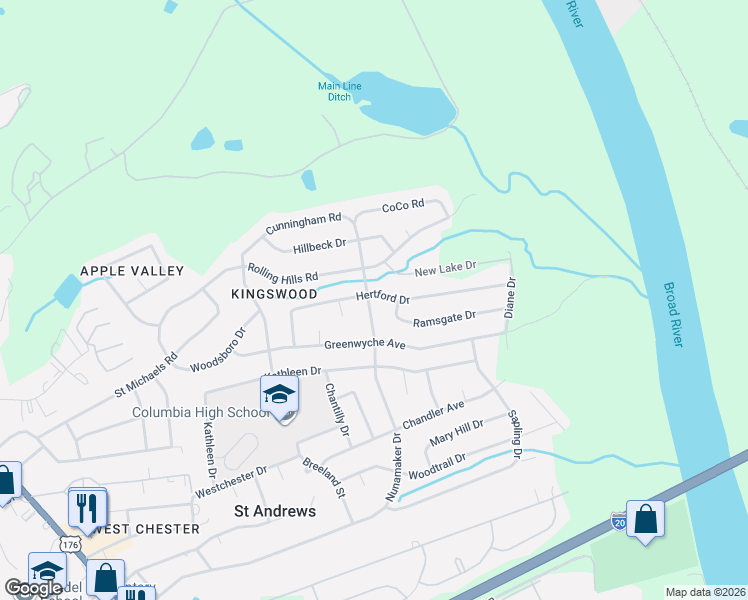 map of restaurants, bars, coffee shops, grocery stores, and more near 2309 Cunningham Road in Columbia