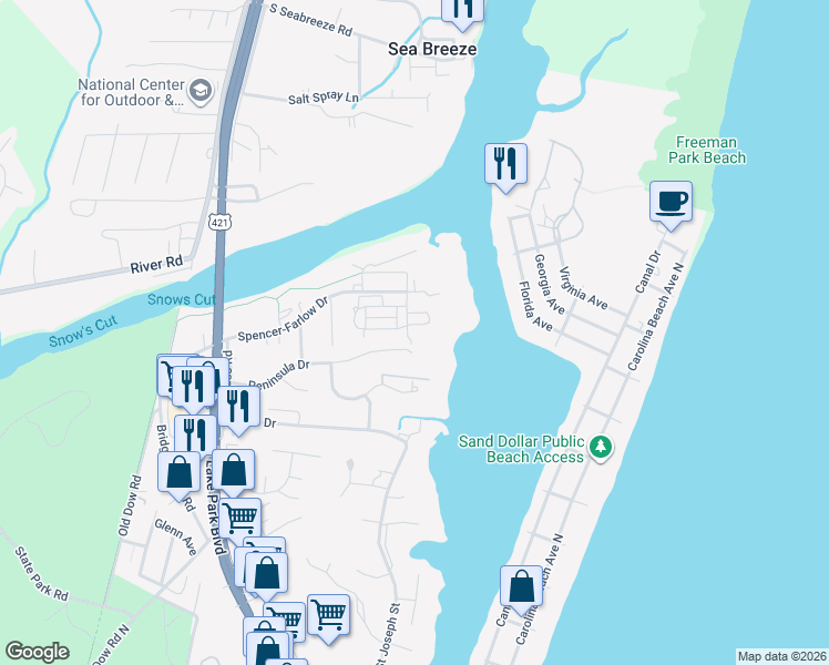 map of restaurants, bars, coffee shops, grocery stores, and more near 1532 Island Marina Drive in Carolina Beach