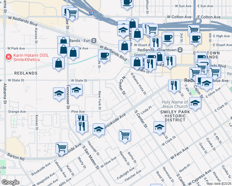 map of restaurants, bars, coffee shops, grocery stores, and more near 122 Tamarisk Street in Redlands