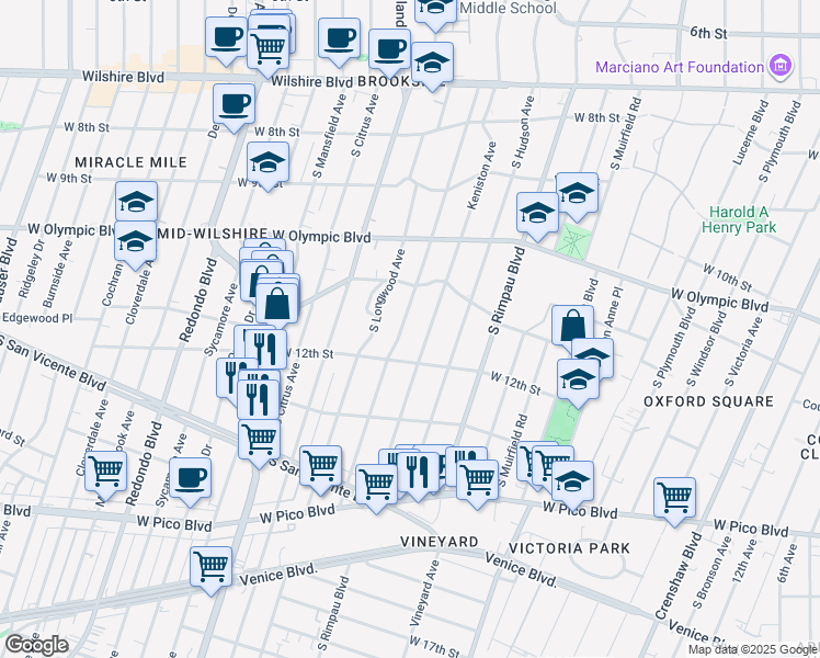 map of restaurants, bars, coffee shops, grocery stores, and more near 1148 South Tremaine Avenue in Los Angeles