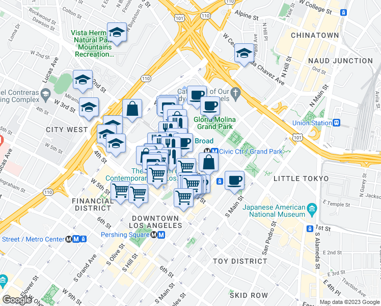 map of restaurants, bars, coffee shops, grocery stores, and more near 131 South Olive Street in Los Angeles