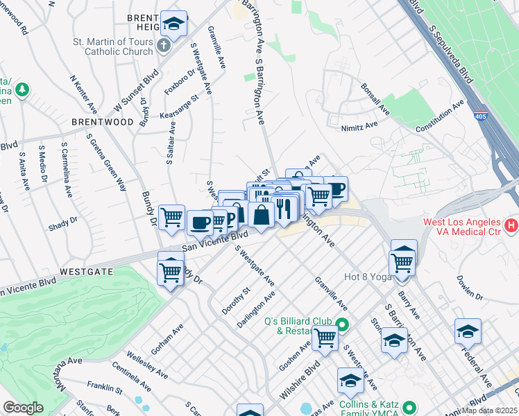 map of restaurants, bars, coffee shops, grocery stores, and more near 11733 Montana Avenue in Los Angeles