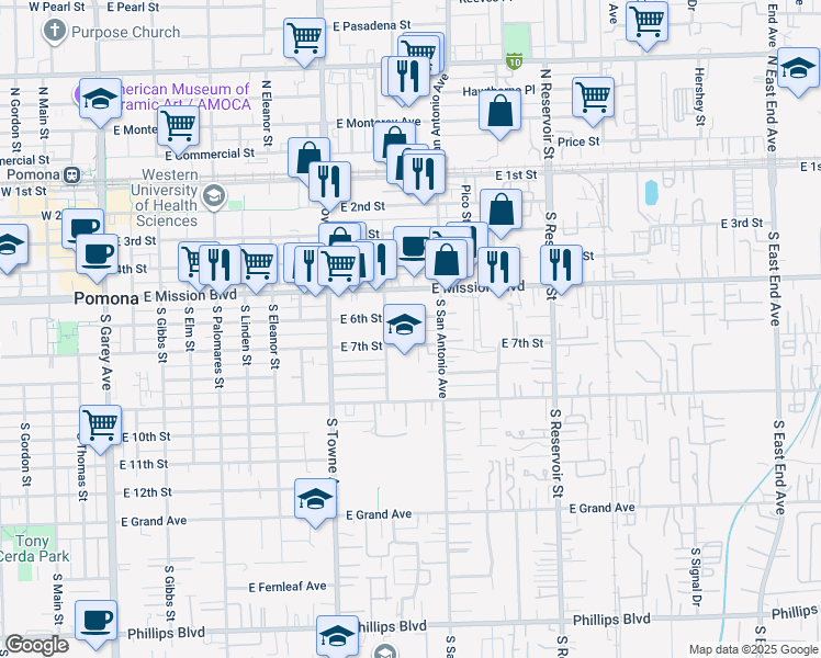 map of restaurants, bars, coffee shops, grocery stores, and more near 944 East 6th Street in Pomona