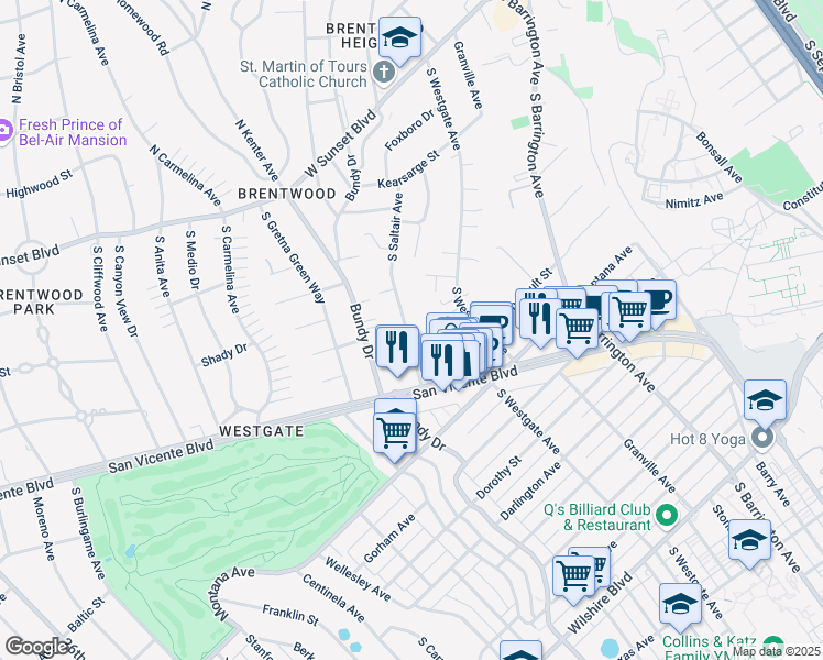 map of restaurants, bars, coffee shops, grocery stores, and more near 11947 Saltair Terrace in Los Angeles