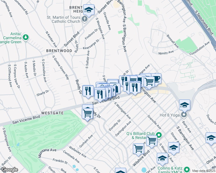 map of restaurants, bars, coffee shops, grocery stores, and more near 541 South Westgate Avenue in Los Angeles