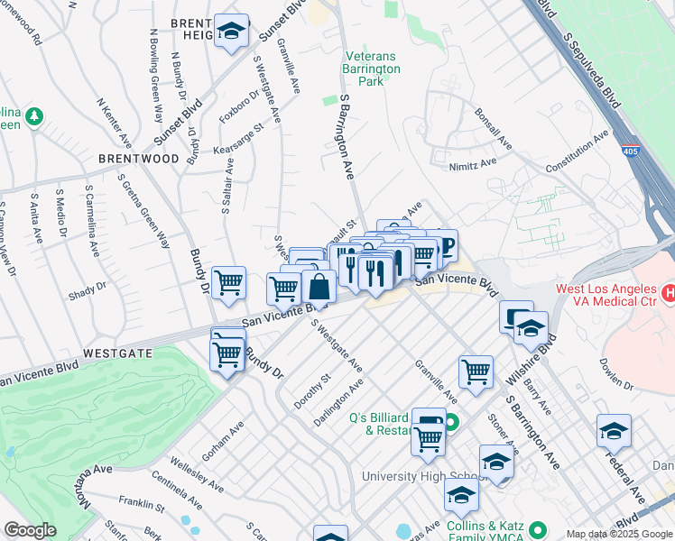 map of restaurants, bars, coffee shops, grocery stores, and more near 11755 Montana Avenue in Los Angeles