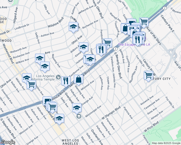 map of restaurants, bars, coffee shops, grocery stores, and more near 10556 Santa Monica Boulevard in Los Angeles