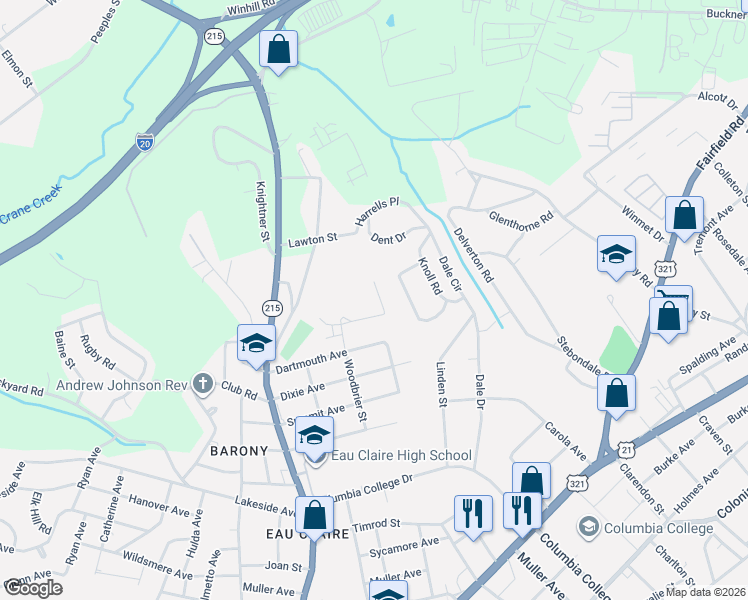 map of restaurants, bars, coffee shops, grocery stores, and more near 5306 Linden Street in Columbia