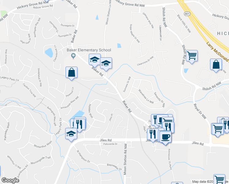 map of restaurants, bars, coffee shops, grocery stores, and more near 2262 Baker Station Drive in Acworth