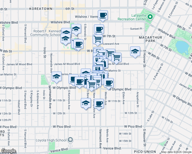 map of restaurants, bars, coffee shops, grocery stores, and more near 948 South New Hampshire Avenue in Los Angeles