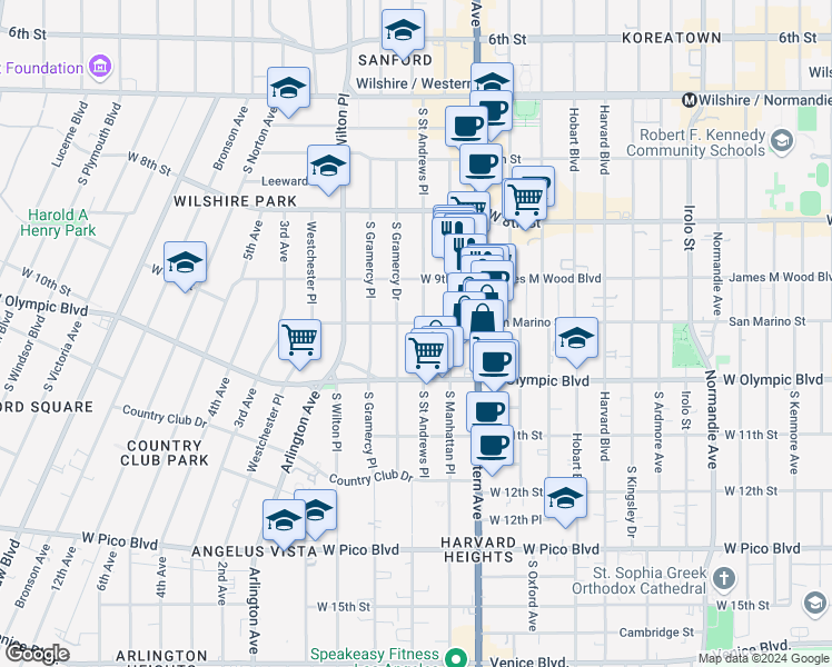 map of restaurants, bars, coffee shops, grocery stores, and more near 947 South Saint Andrews Place in Los Angeles