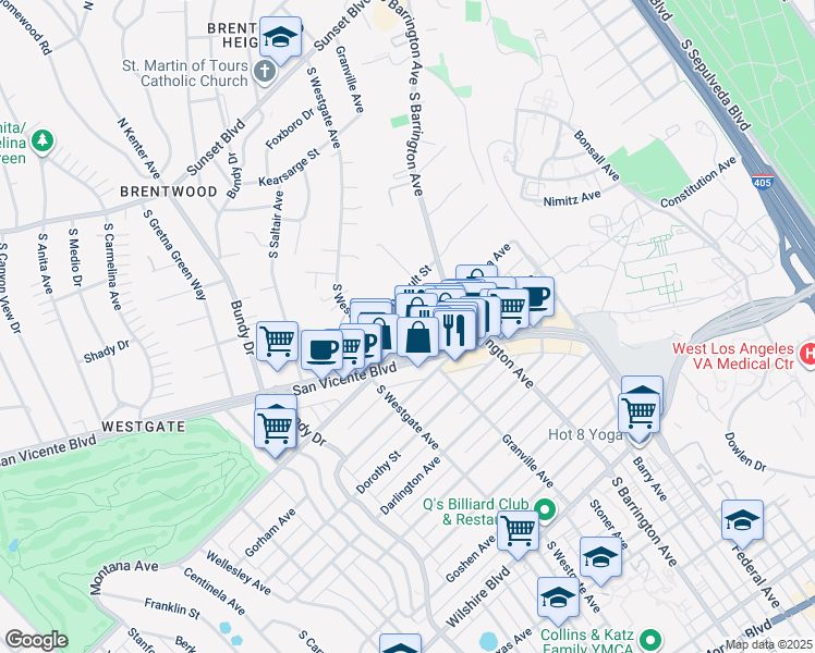 map of restaurants, bars, coffee shops, grocery stores, and more near 11755 Montana Avenue in Los Angeles
