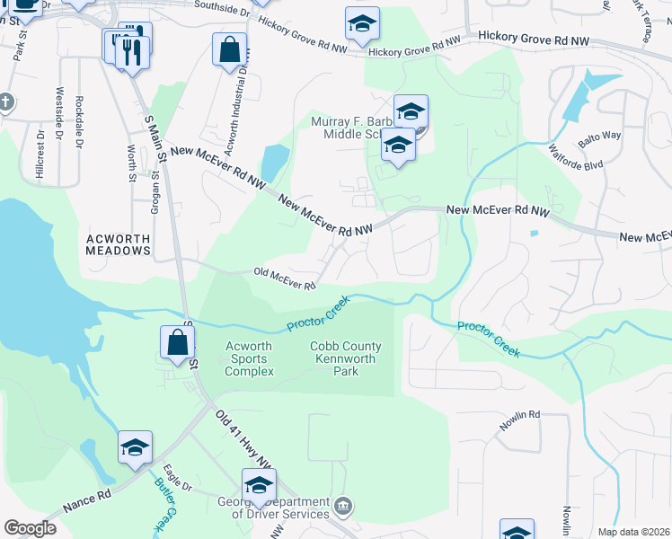 map of restaurants, bars, coffee shops, grocery stores, and more near 3610 High Battery Bluff in Acworth