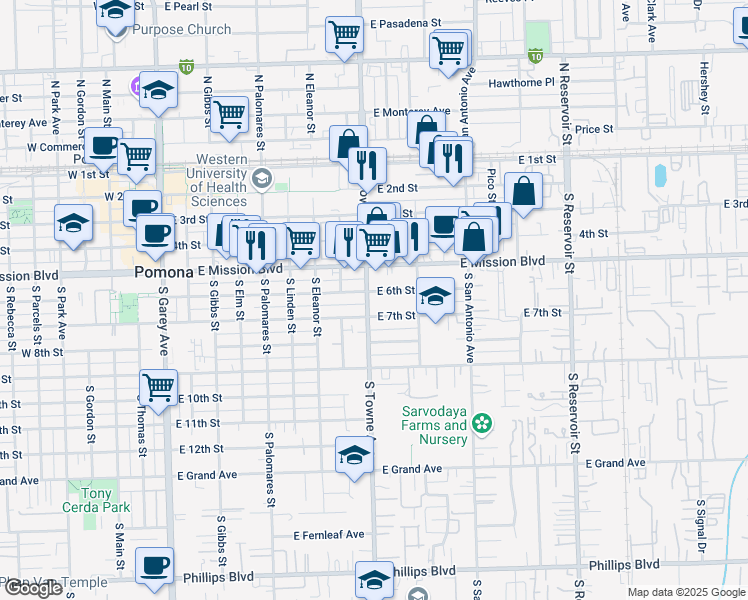 map of restaurants, bars, coffee shops, grocery stores, and more near 815 East 6th Street in Pomona