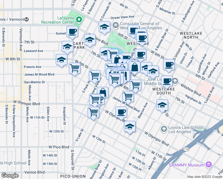 map of restaurants, bars, coffee shops, grocery stores, and more near 806 1/2 South Alvarado Street in Los Angeles