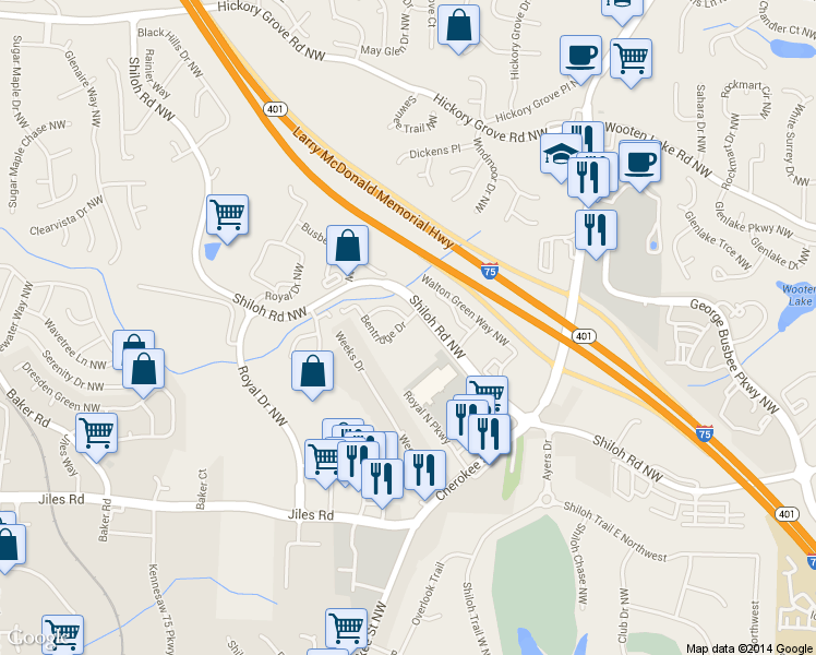 map of restaurants, bars, coffee shops, grocery stores, and more near 1707 Bentridge Drive in Kennesaw