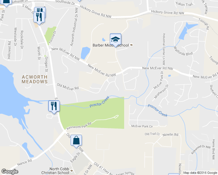 map of restaurants, bars, coffee shops, grocery stores, and more near 3607 High Battery Bluff in Acworth