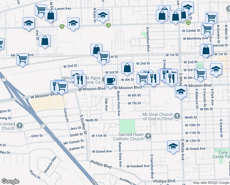map of restaurants, bars, coffee shops, grocery stores, and more near 1300 West Mission Boulevard in Pomona