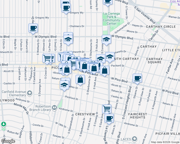 map of restaurants, bars, coffee shops, grocery stores, and more near 8647 West Pico Boulevard in Los Angeles