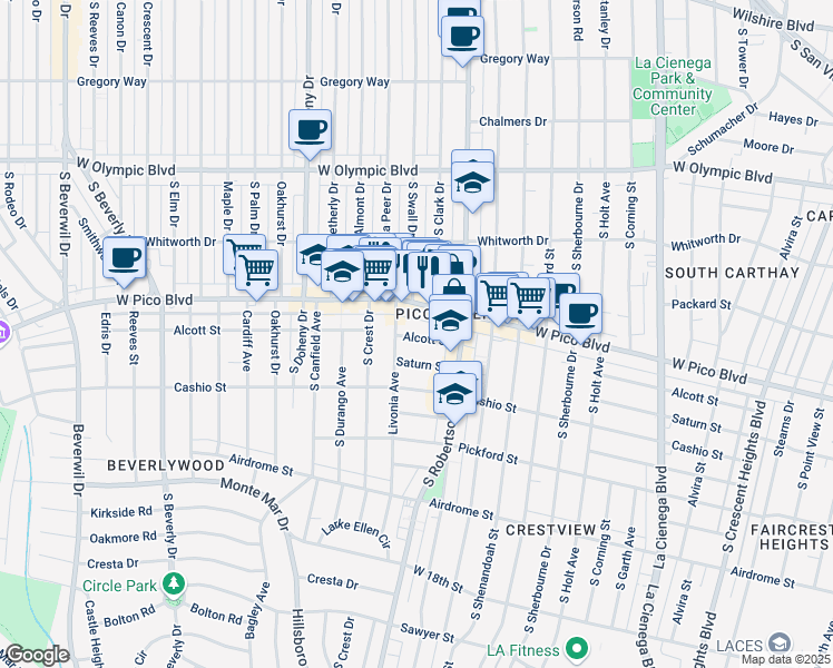 map of restaurants, bars, coffee shops, grocery stores, and more near 8885 West Pico Boulevard in Los Angeles
