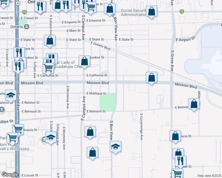 map of restaurants, bars, coffee shops, grocery stores, and more near 917 South Hope Avenue in Ontario