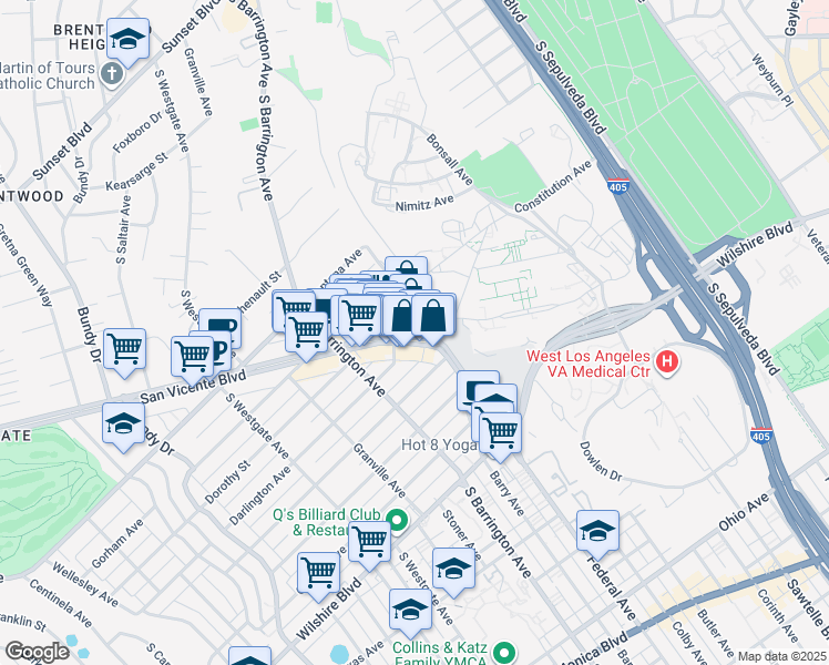 map of restaurants, bars, coffee shops, grocery stores, and more near 11611 San Vicente Boulevard in Los Angeles