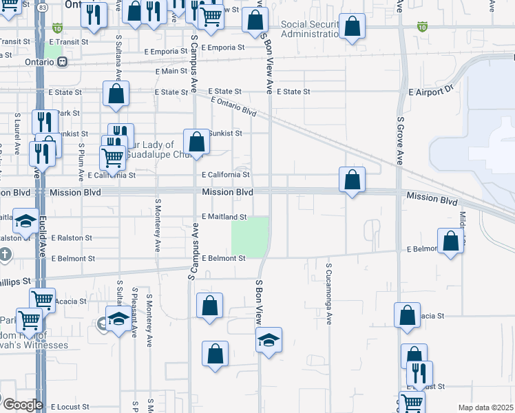 map of restaurants, bars, coffee shops, grocery stores, and more near 917 South Hope Avenue in Ontario
