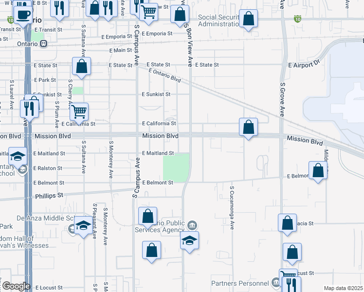 map of restaurants, bars, coffee shops, grocery stores, and more near 917 South Hope Avenue in Ontario