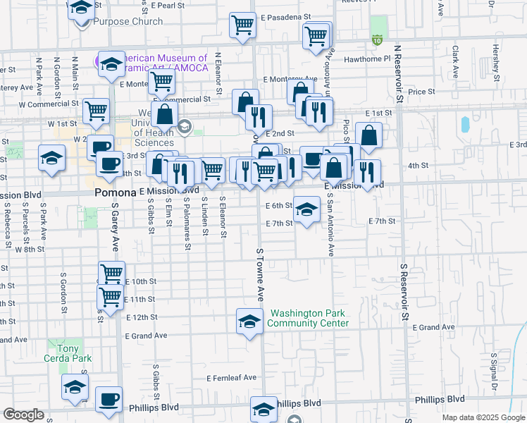 map of restaurants, bars, coffee shops, grocery stores, and more near 600 South Towne Avenue in Pomona