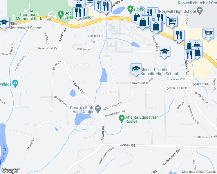 map of restaurants, bars, coffee shops, grocery stores, and more near 1095 Willow Bend in Roswell